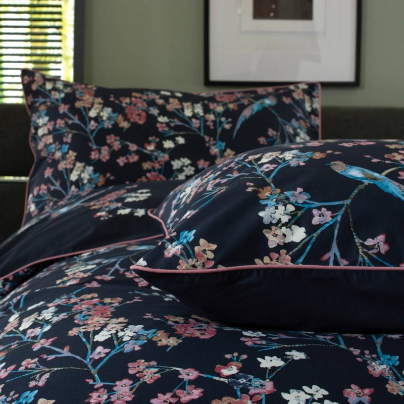 100% Cotton Dark Blue Bird & Floral Double Duvet Cover Set