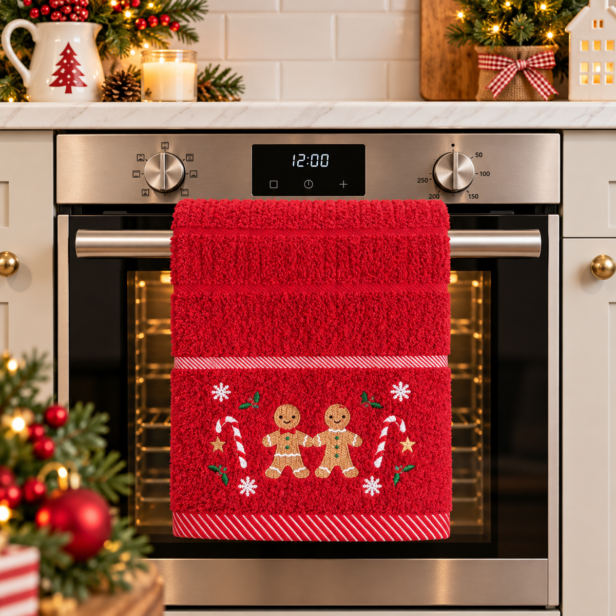 Christmas Gingerbread People Kitchen Towel in Red