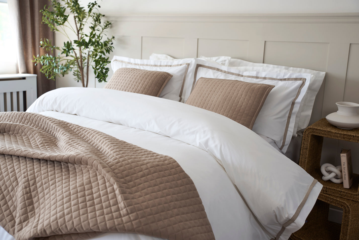 100% Cotton Oxford Style Duvet Cover in White with Taupe Trim