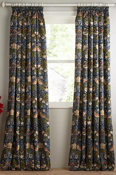 Strawberry Thief Major Pair Curtains in Navy Blue by William Morris