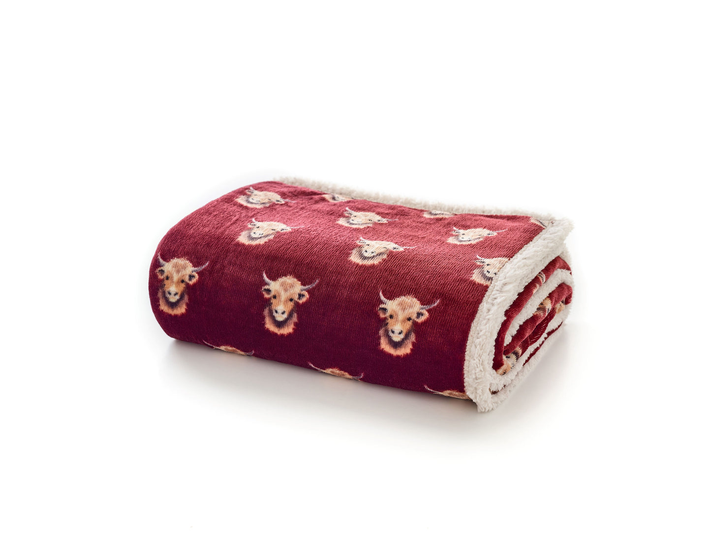 Supersoft Sherpa Reverse Highland Cow Design Throw in Mulberry