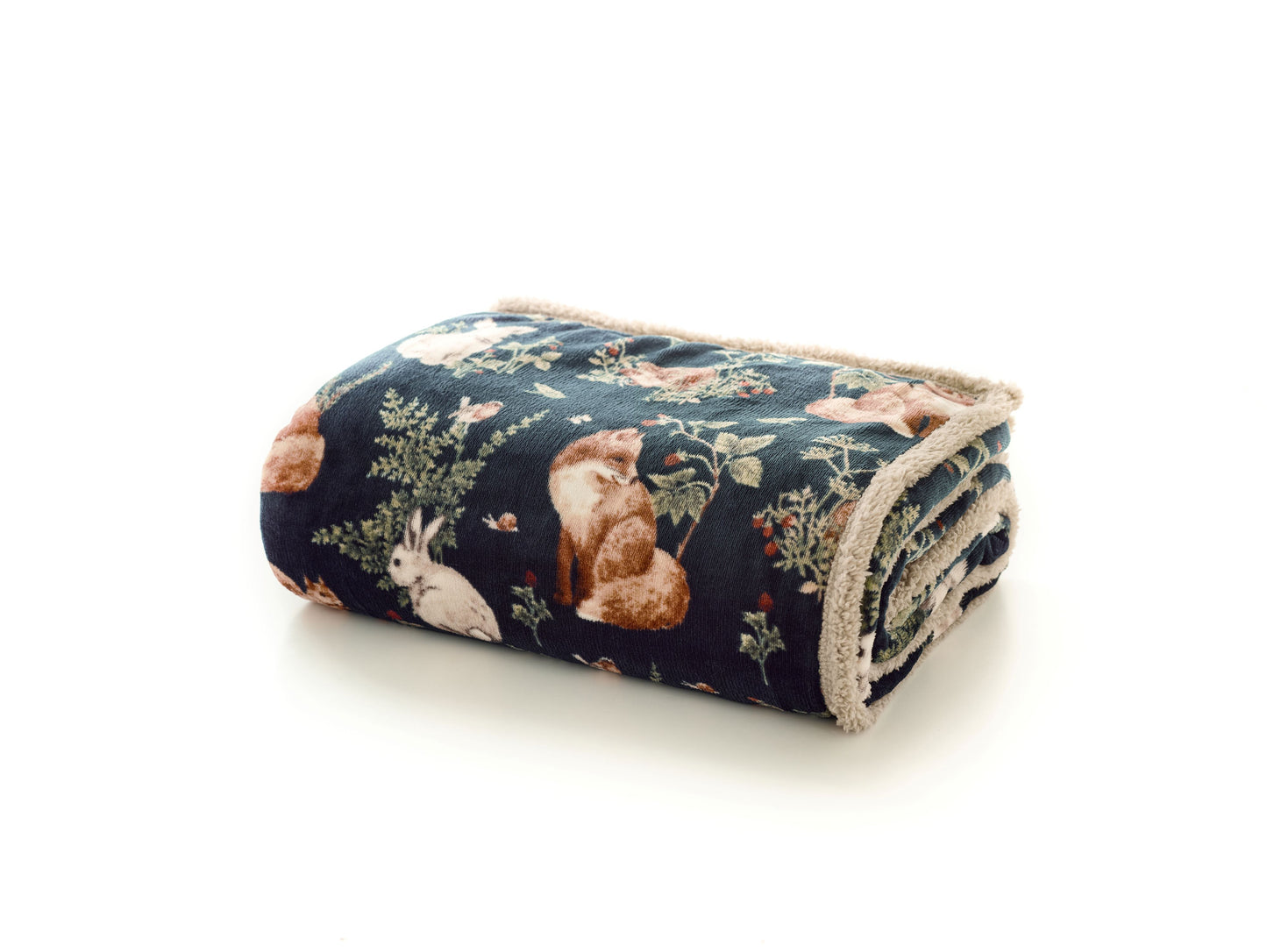 Supersoft Sherpa Reverse Woodland Wildlife Fox Throw in Navy Blue