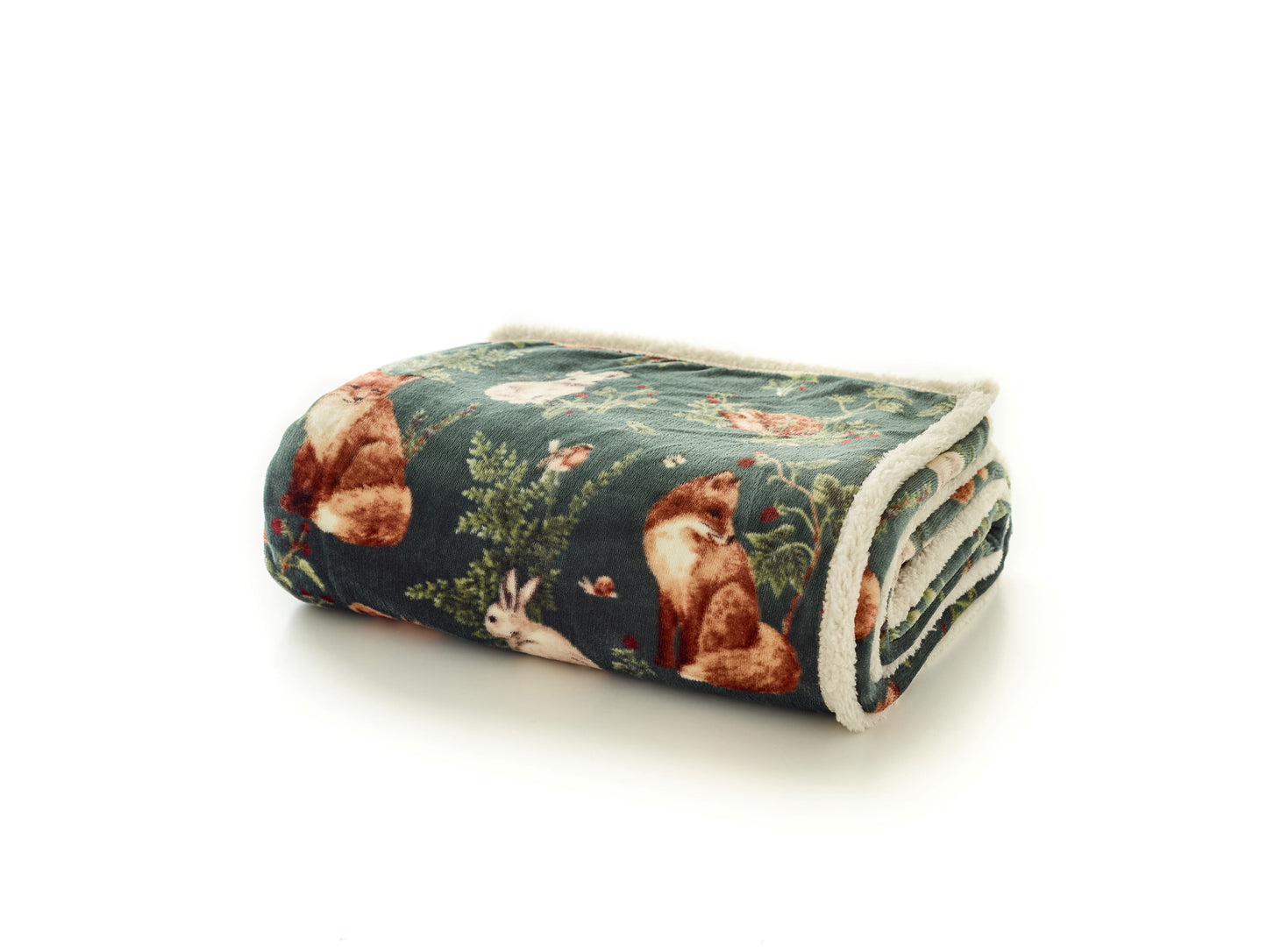 Supersoft Sherpa Reverse Woodland Wildlife Fox Throw in Sage Green