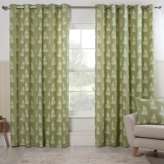 Fern Leaf Print Design Pair Curtains in Green