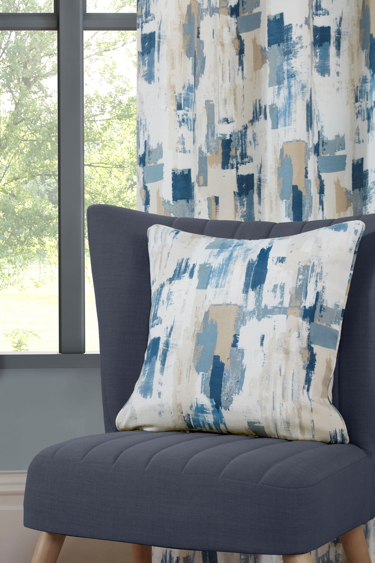 Eyelet Design Contemporary Curtains in Blue Shades