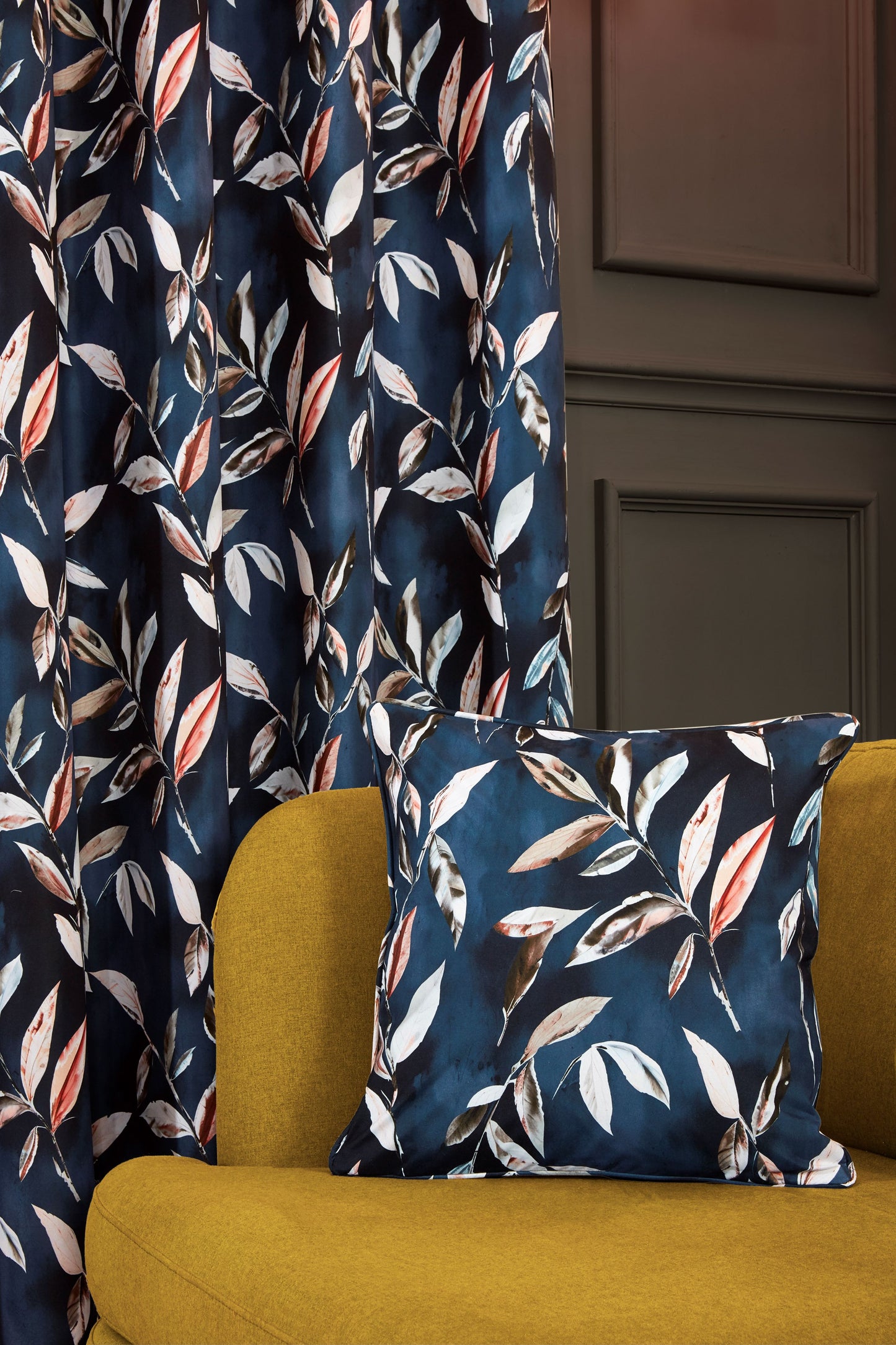3 Pass Blackout Floral Leaf Design Curtains in Navy Blue