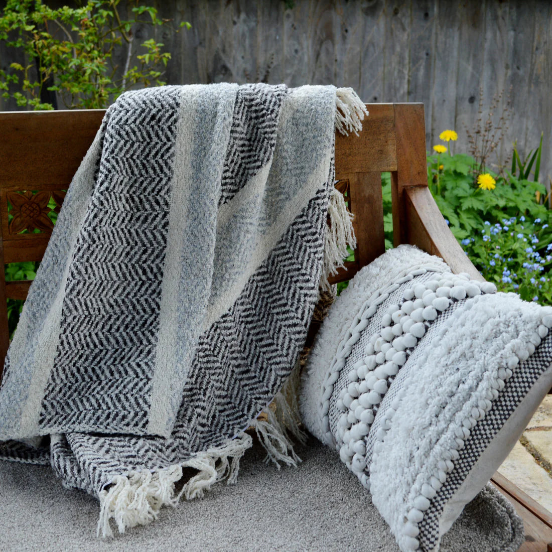 Herringbone Throw in Grey Shades with Tassles