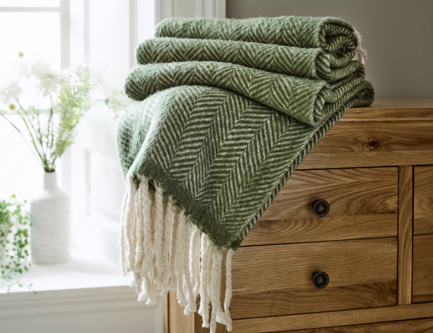 Pure Wool Chevron Fringed Blanket in Green