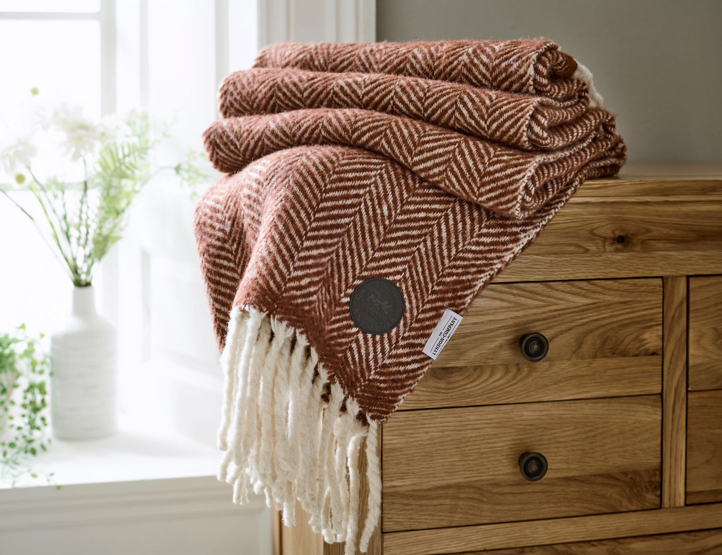 Pure Wool Chevron Fringed Blanket in Russett