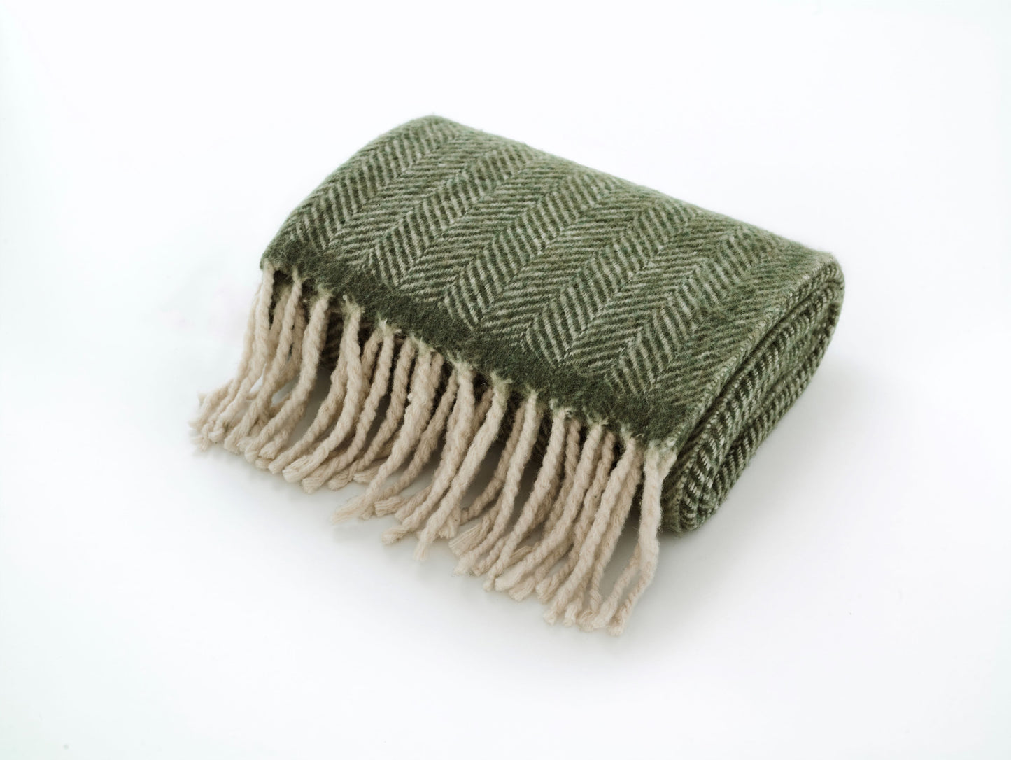 Pure Wool Chevron Fringed Blanket in Green