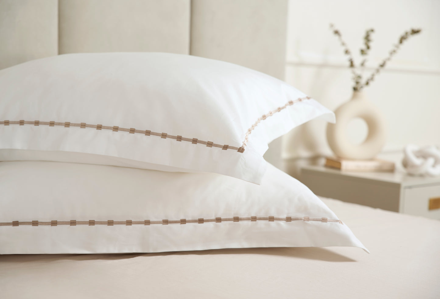 100% Cotton 300 Thread Count Duvet Cover in White with Taupe Embroidery Design