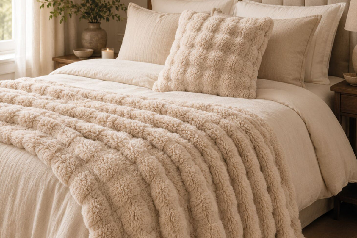 Supersoft Faux Fur Bobble Texture Throw or Cushion Oatmeal