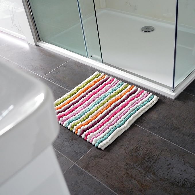 Bobble Bath  Pedestal Shower Mats & Striped Towels in Bright Multi Colour