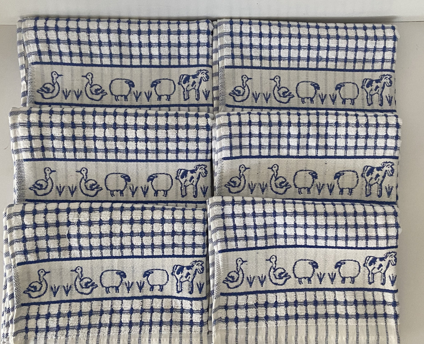 Farmyard Animals Check Tea Kitchen Towel Blue & White