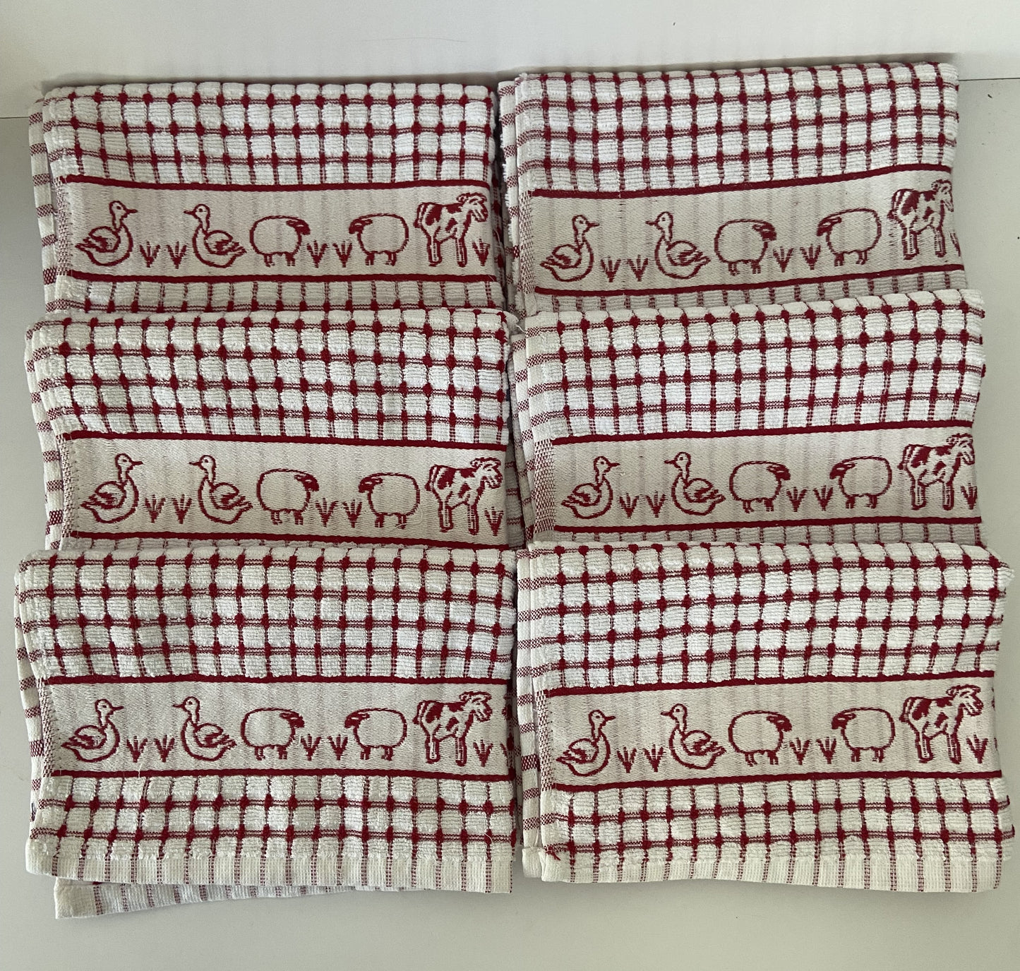 Farmyard Animals Check Tea Kitchen Towel Red & White