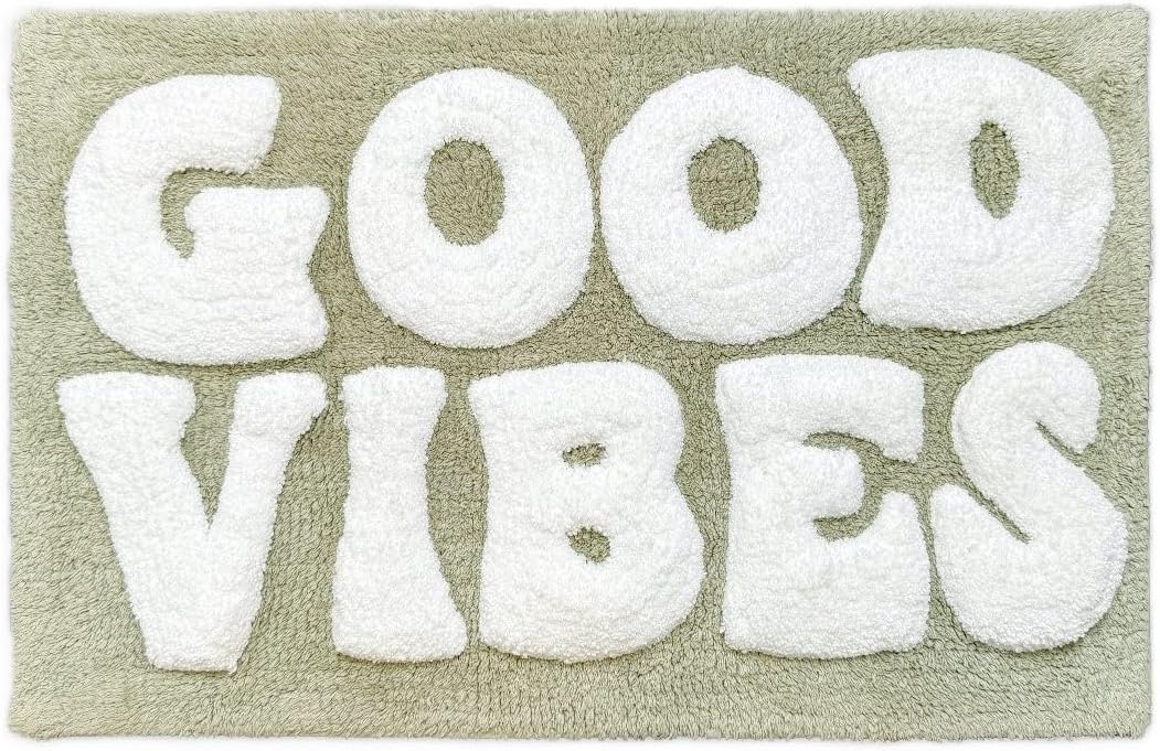 GOOD VIBES Bath Mat in Sage Green & White