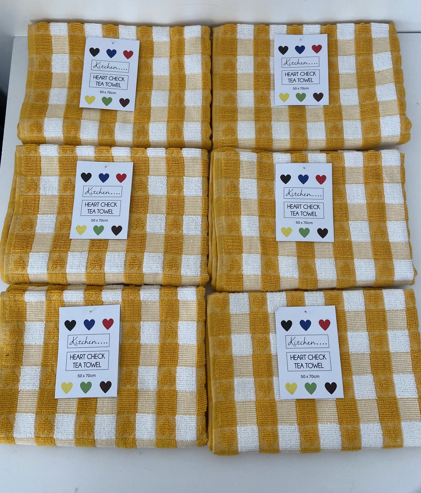 Checked Heart Tea Kitchen Towel Mustard & White