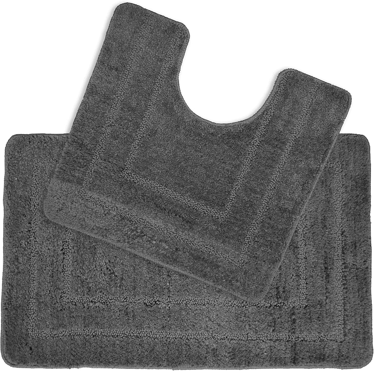 2 Piece Microfibre Border Design Bath & Pedestal Mat Set in Charcoal Grey