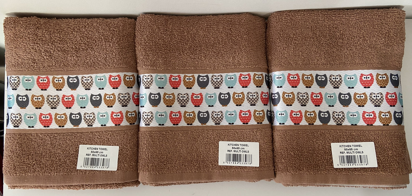 Colourful Owls Tea Kitchen Towel Mocha Mousse