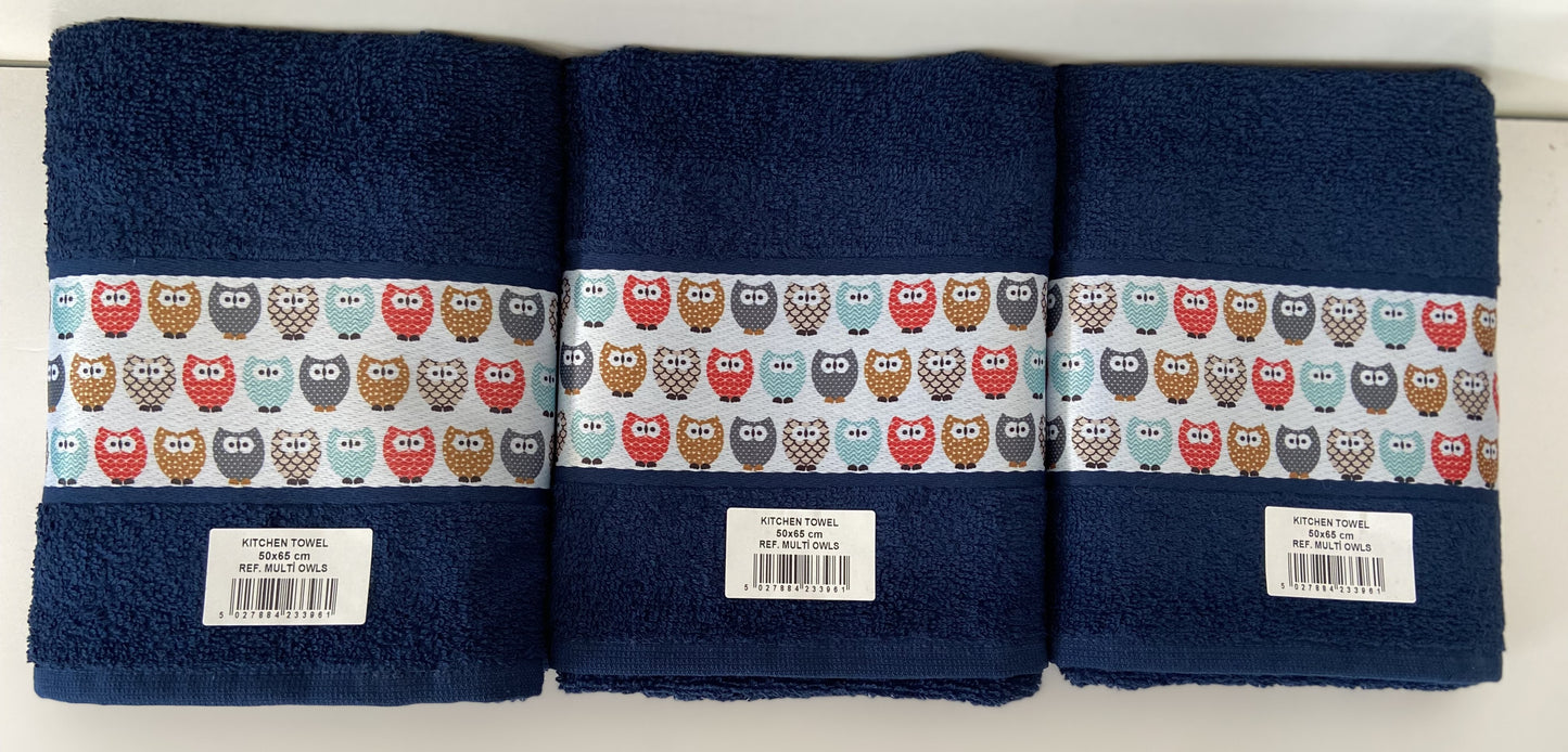 Colourful Owls Tea Kitchen Towel Navy Blue