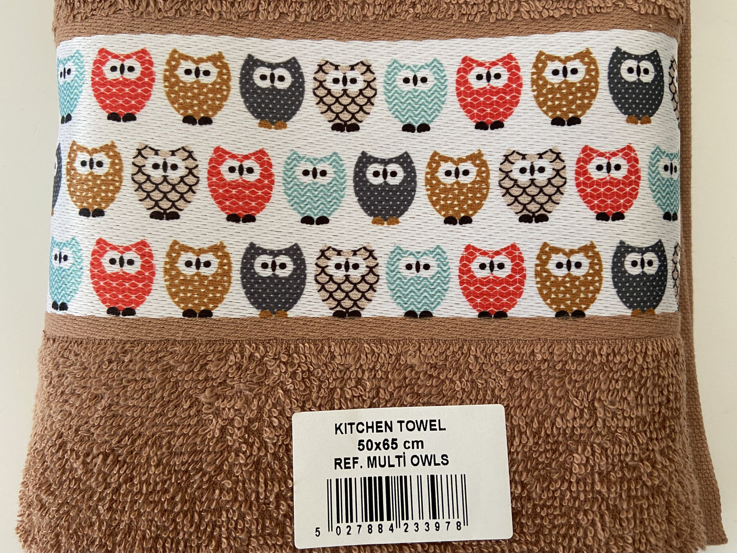 Colourful Owls Tea Kitchen Towel Mocha Mousse