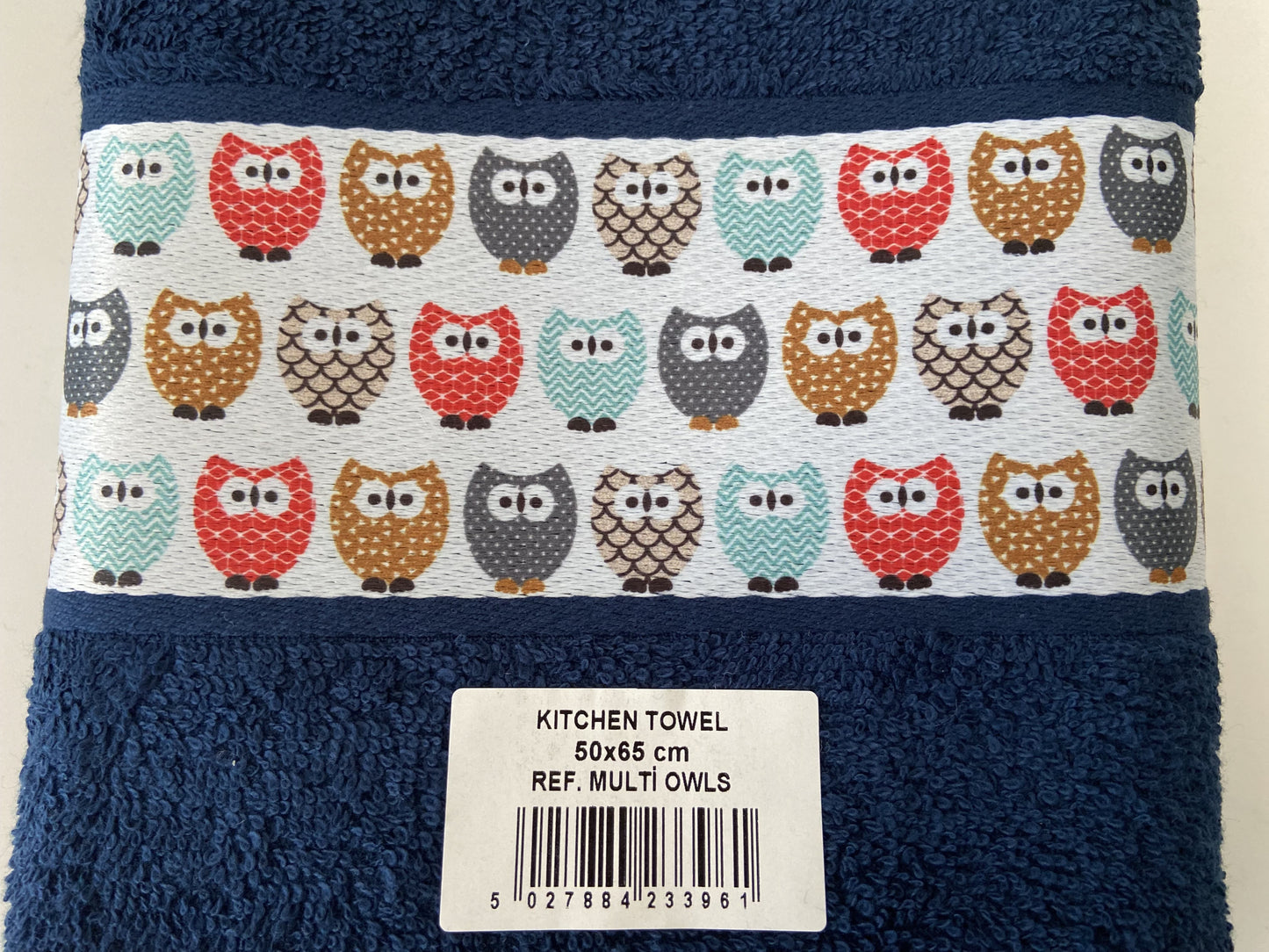 Colourful Owls Tea Kitchen Towel Navy Blue