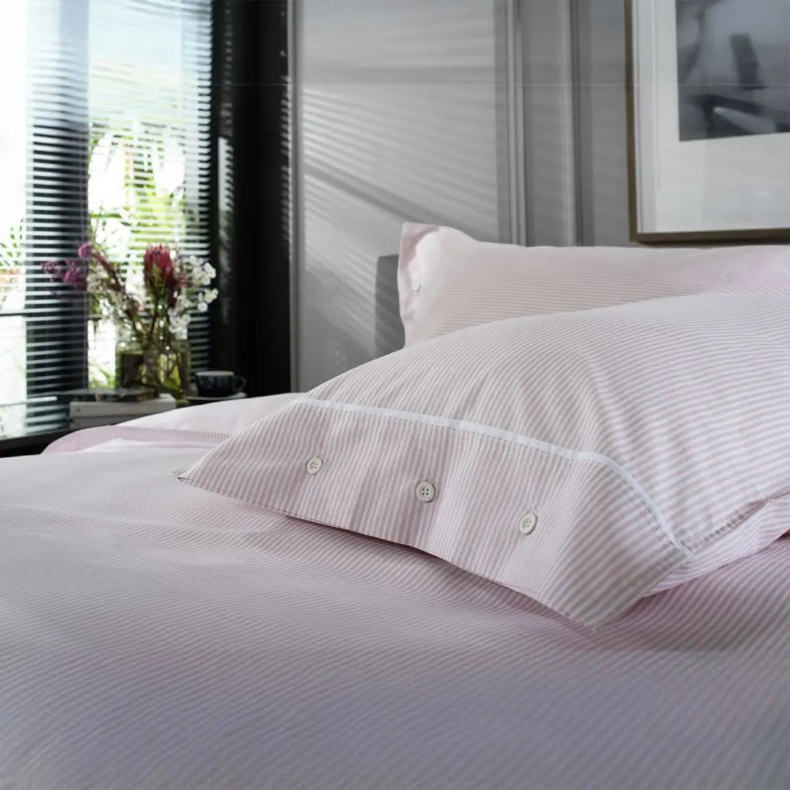 100% Cotton Pinstripe Duvet Cover Set Rose Pink & White