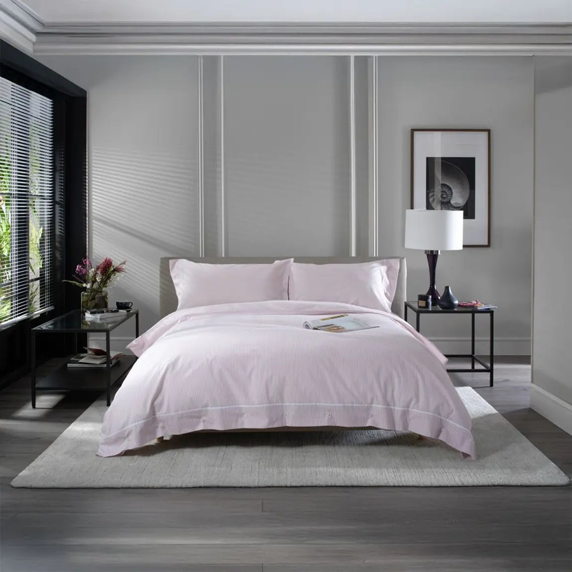 100% Cotton Pinstripe Duvet Cover Set Rose Pink & White