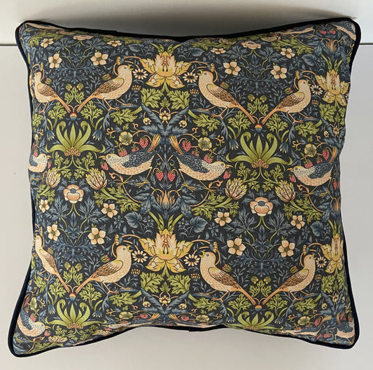 Strawberry Thief Cushion in Navy Blue With Velvet Reverse