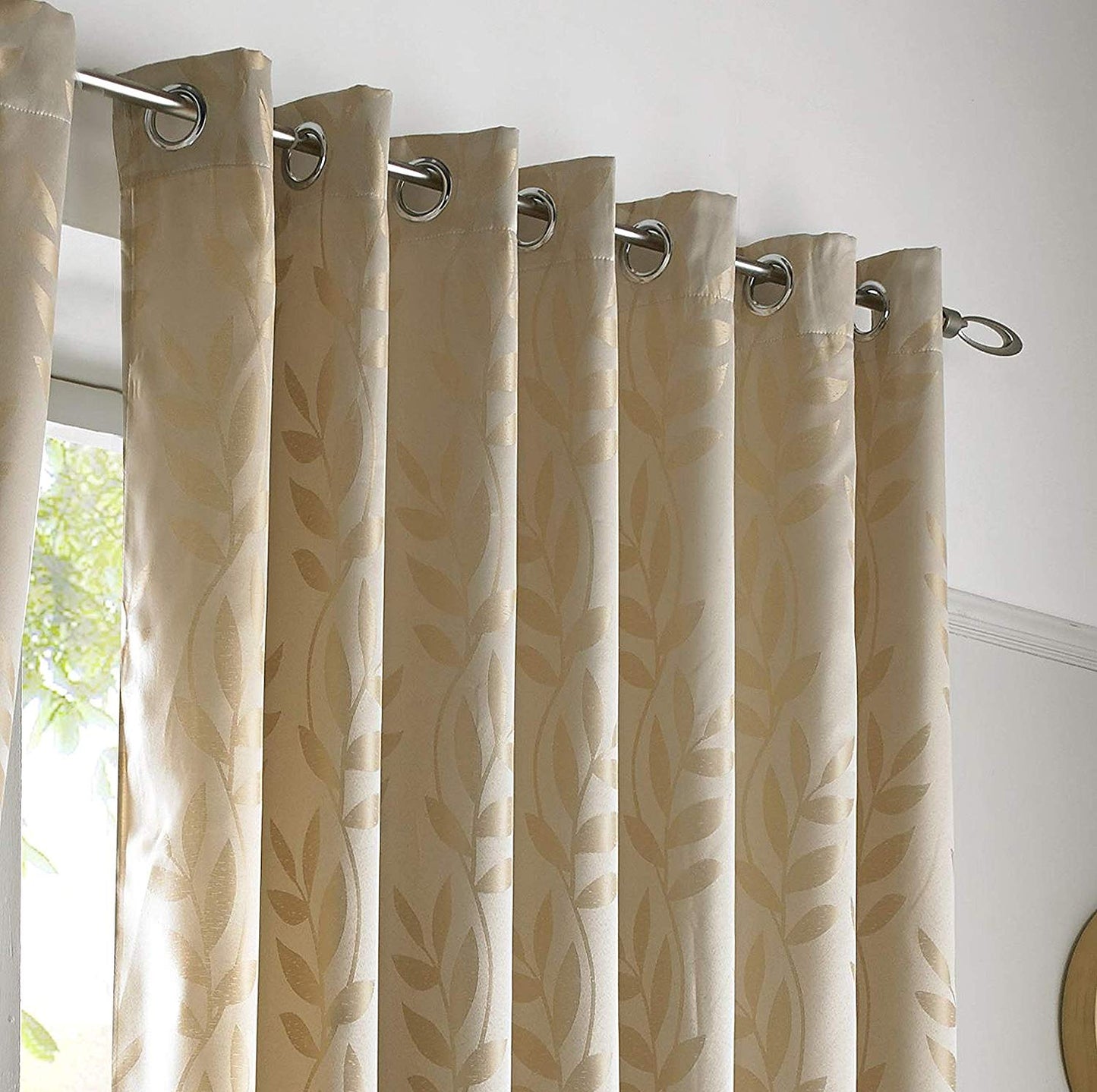 Woven Jacquard Leaf Design Eyelet Curtains in Latte