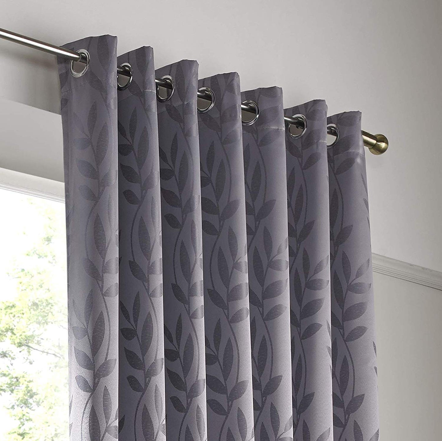 Woven Jacquard Leaf Design Eyelet Curtains in Silver Grey