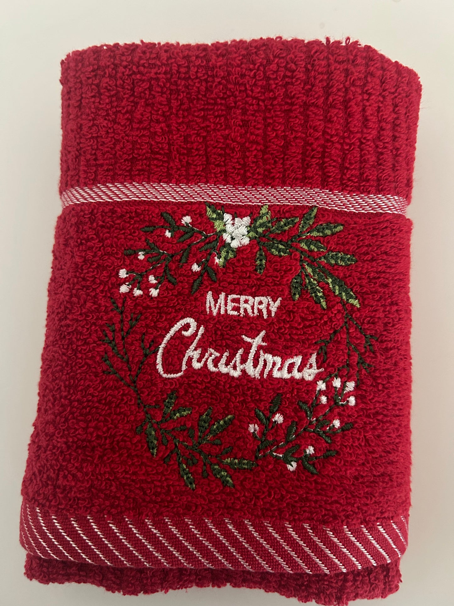 Merry Christmas Wreath Kitchen Towel in Red