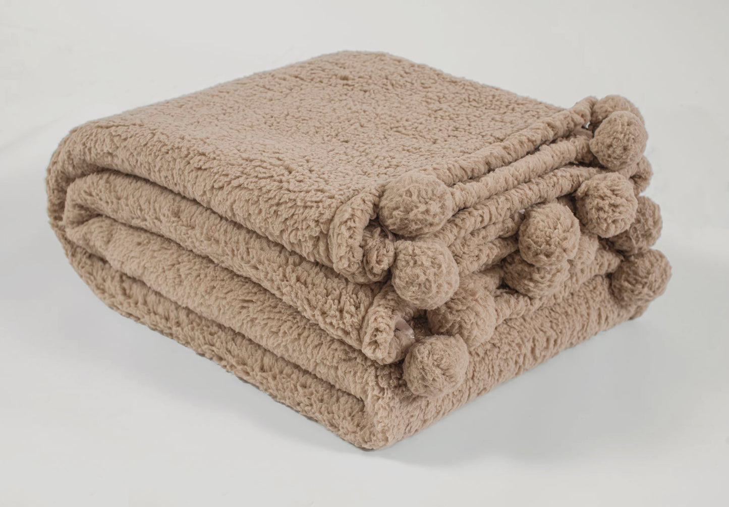 Soft Sherpa Pom Pom Throw in Taupe Brown