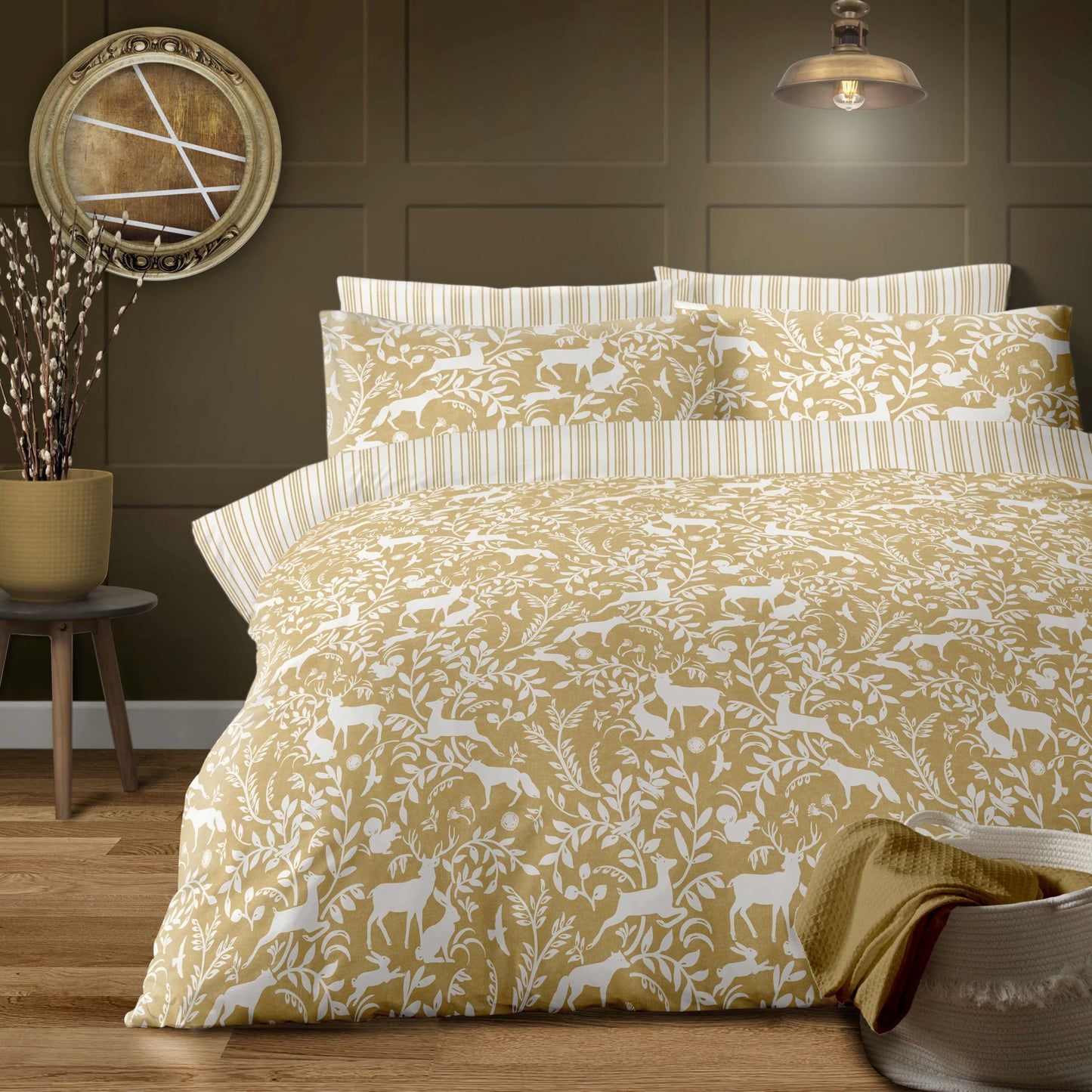Brushed Cotton Larchwood Woodland Animal Duvet Cover Set Ochre