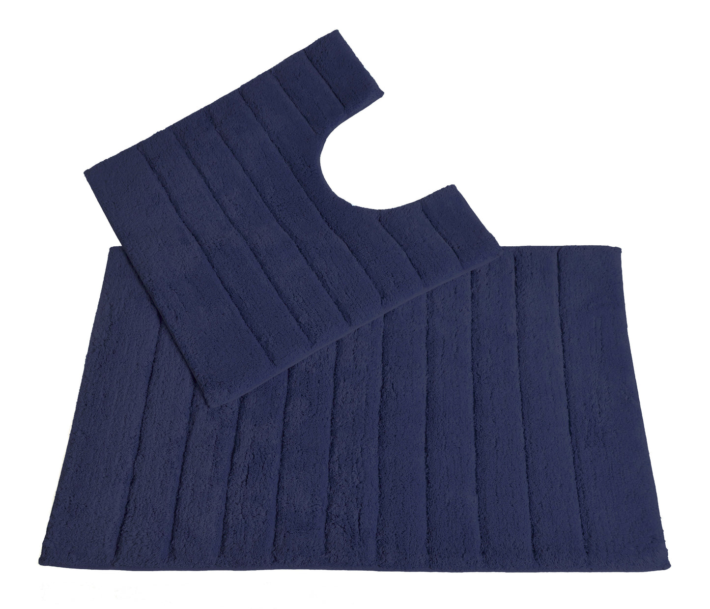 100% Cotton Two Piece Linear Rib Bath and Pedestal Mat in Navy Blue