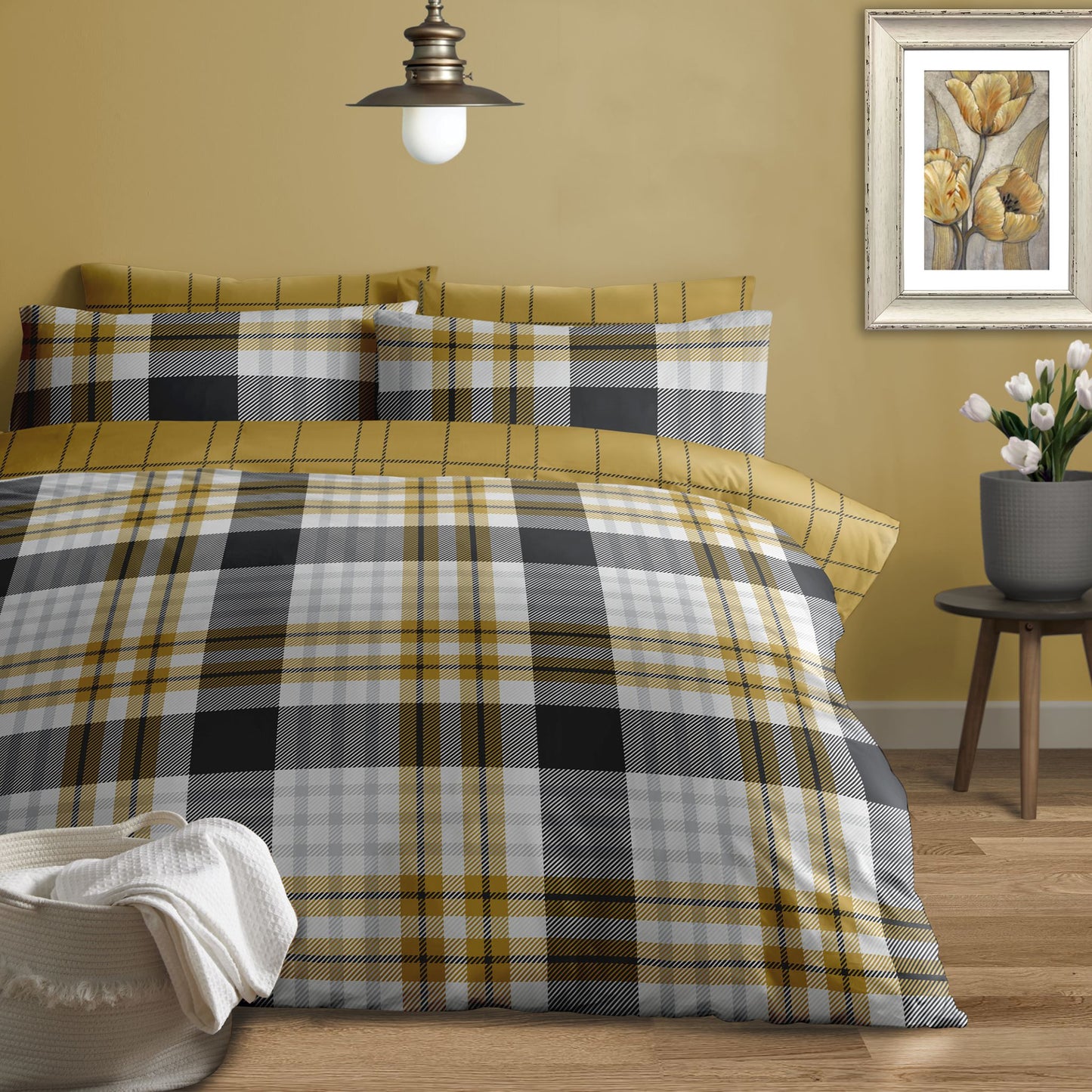 Brushed Cotton Ochre & Grey Check Duvet Set