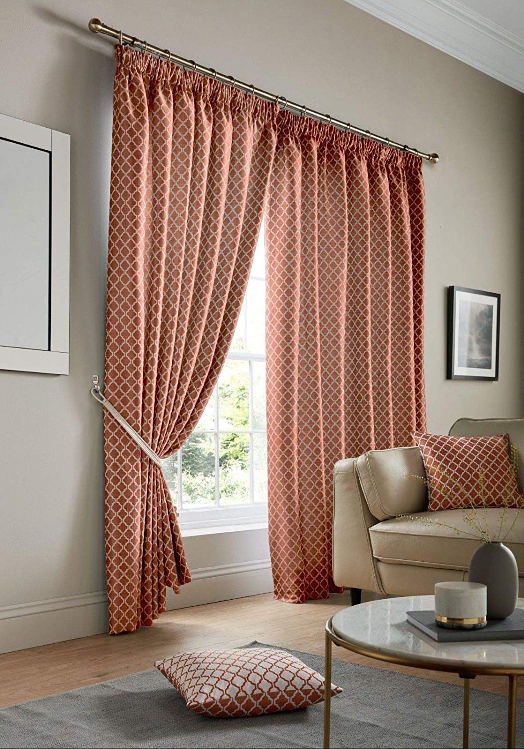 Burnt Orange Jacquard Pencil Pleat Curtains