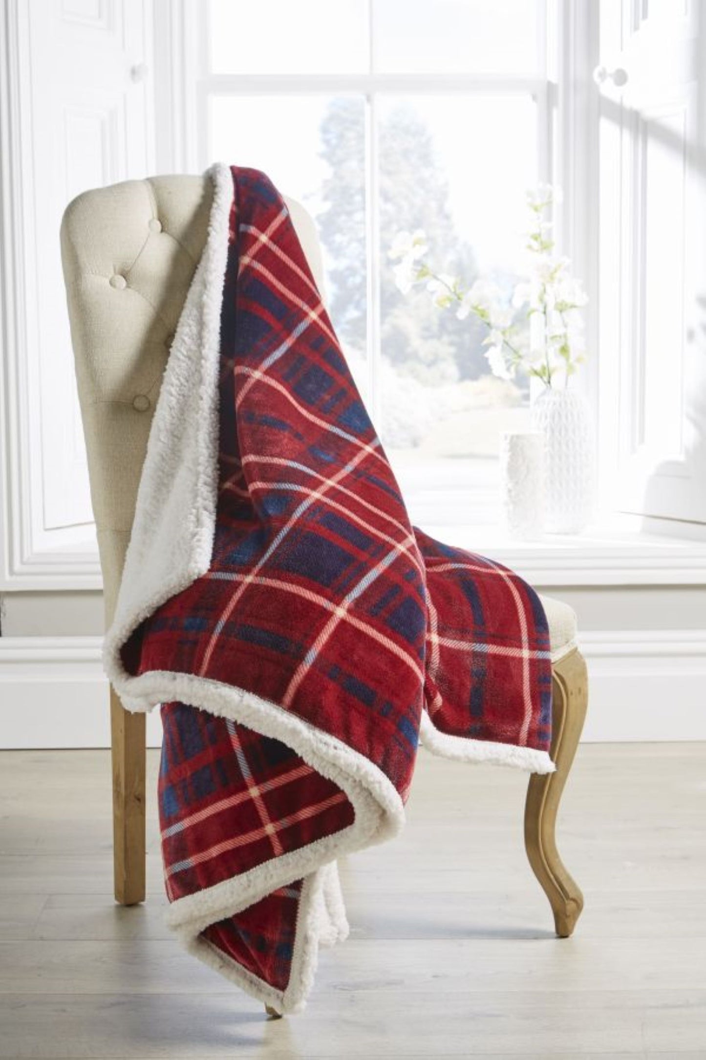Check Design Throw in Red and Blue Sherpa Reverse
