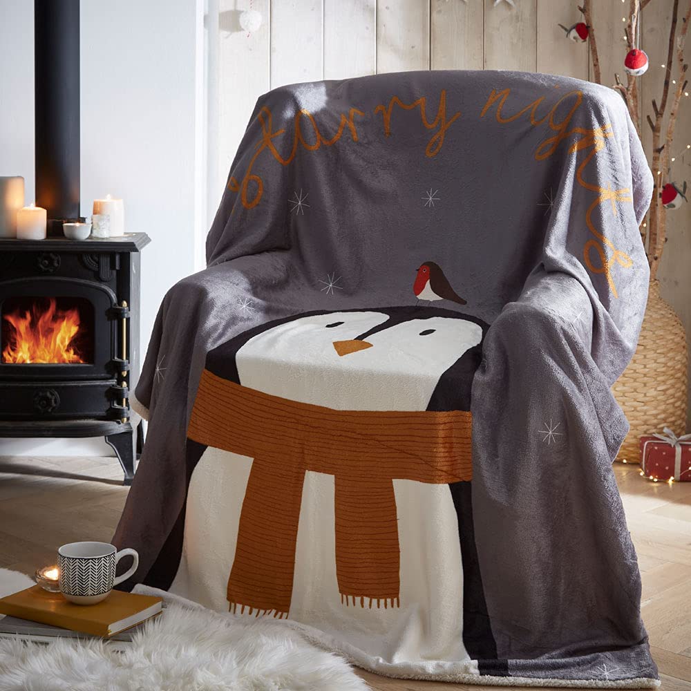 Sherpa Reverse Starry Nights Pengun Design Throw in Grey