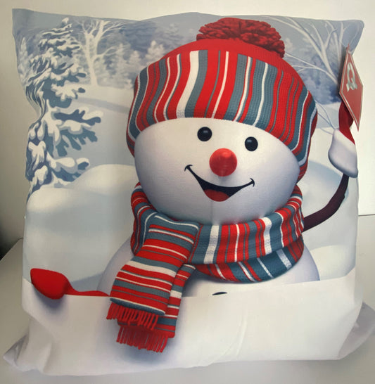 Waving Snowman Design Cushion Cover