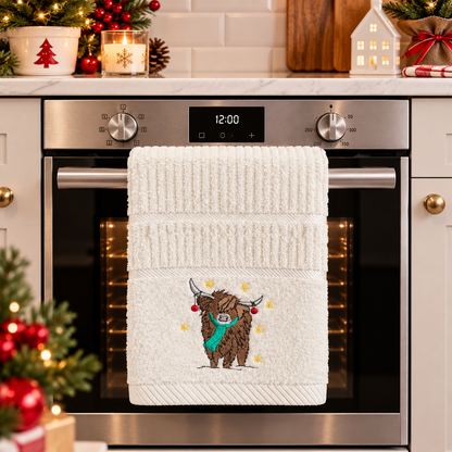 Christmas Angus Highland Cow Kitchen Towel in Cream