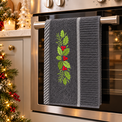 Christmas Holly & Ivy Design Kitchen Towel in Grey