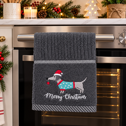 Christmas Dachshunds Kitchen Towel in Grey