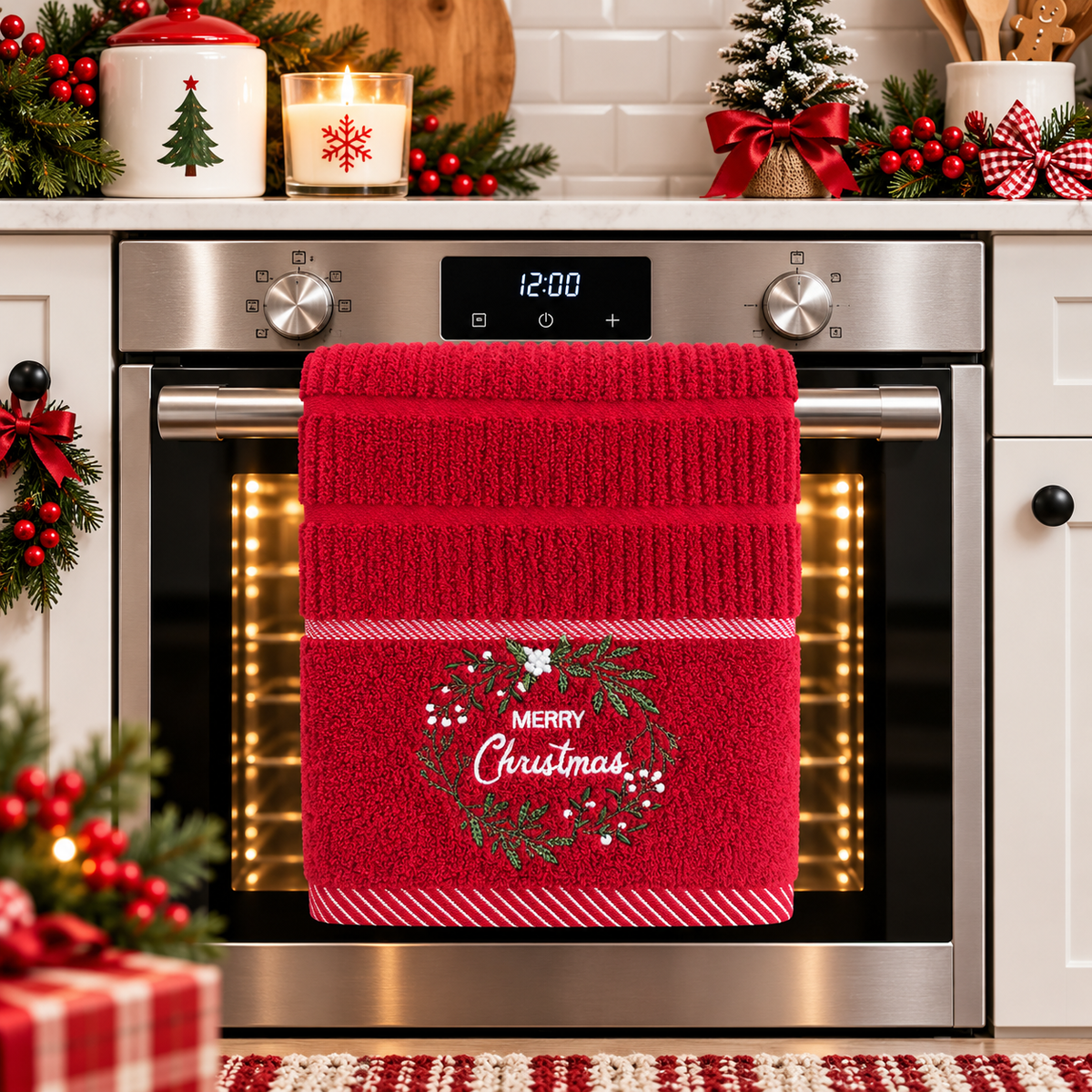 Merry Christmas Wreath Kitchen Towel in Red