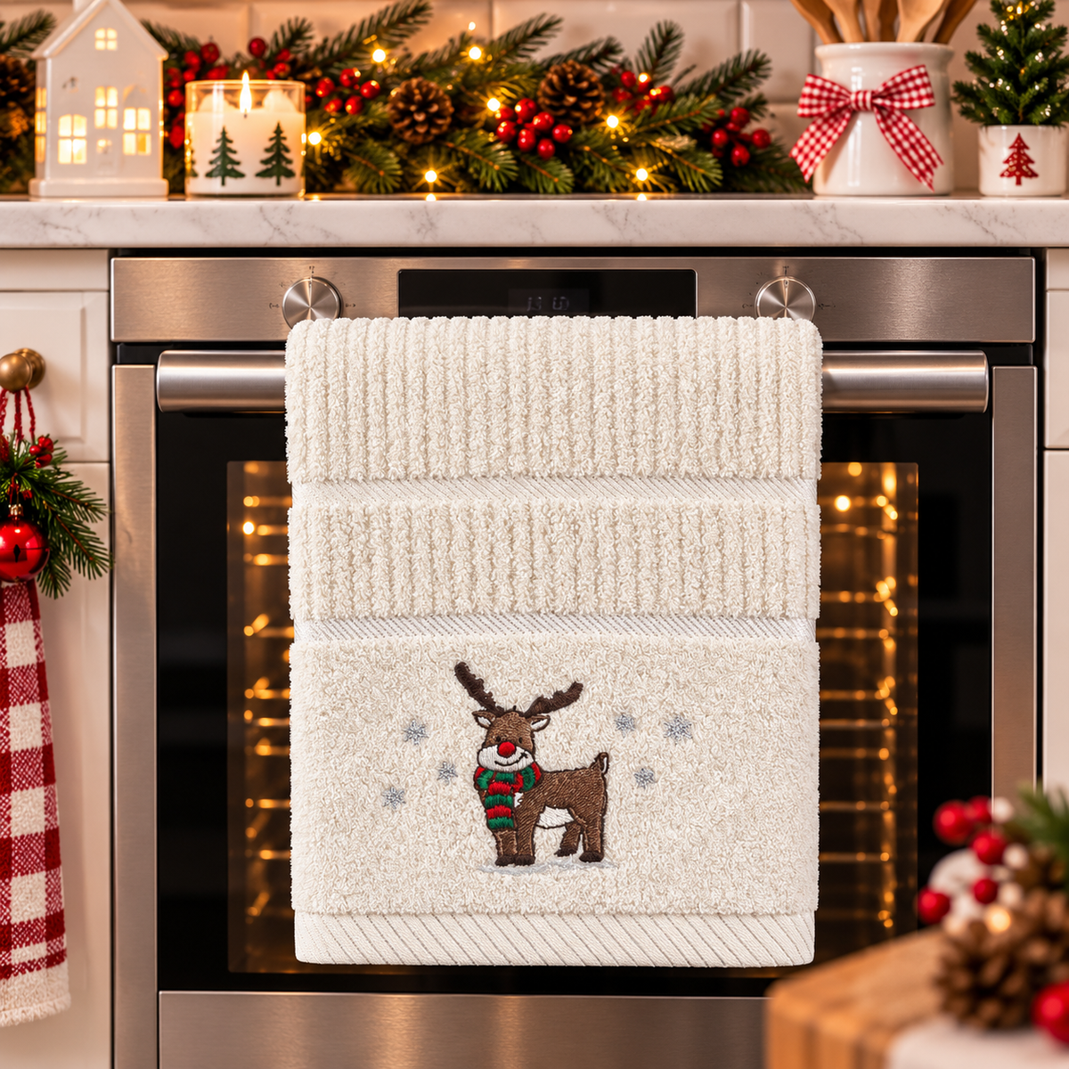 Christmas Reindeer Kitchen Towel in Cream