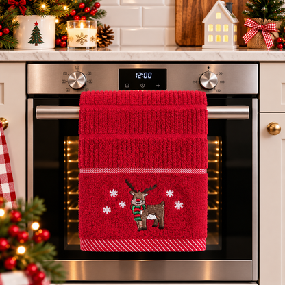 Christmas Reindeer Kitchen Towel in Red
