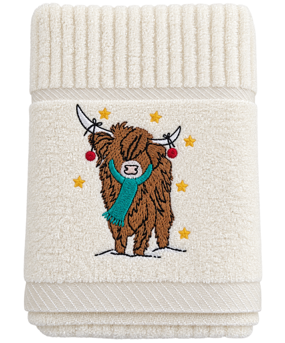 Christmas Angus Highland Cow Kitchen Towel in Cream