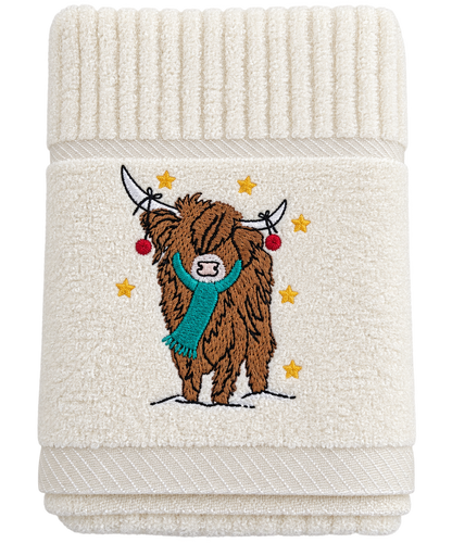 Christmas Angus Highland Cow Kitchen Towel in Cream