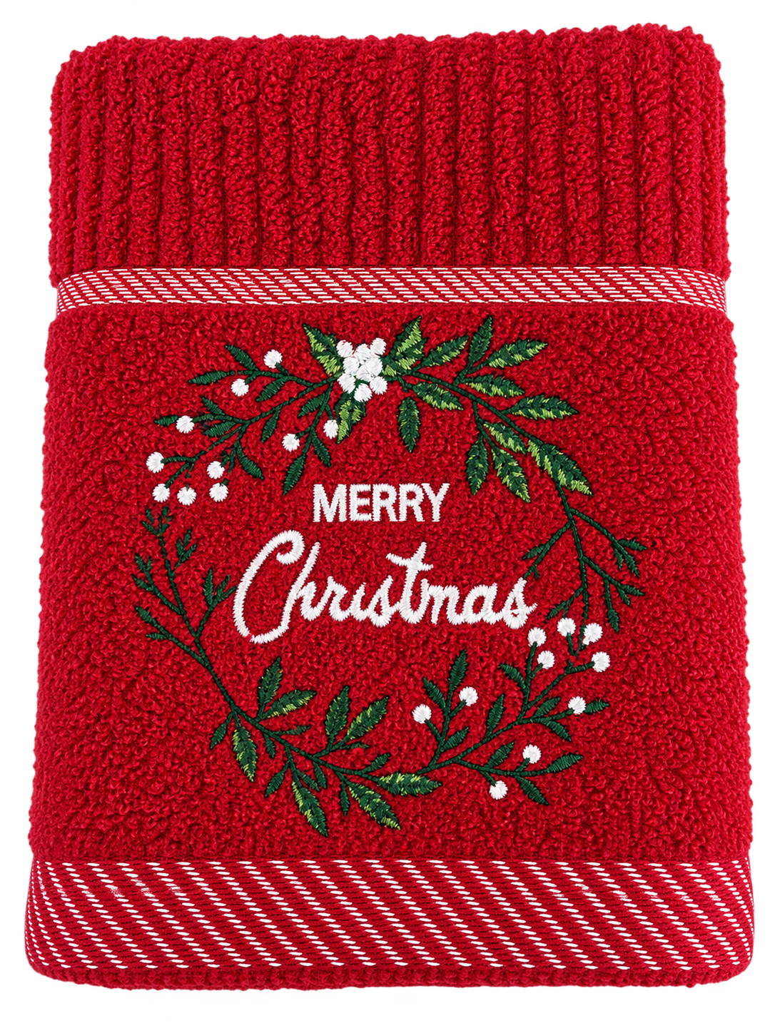 Merry Christmas Wreath Kitchen Towel in Red