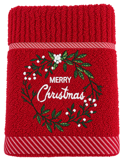 Merry Christmas Wreath Kitchen Towel in Red